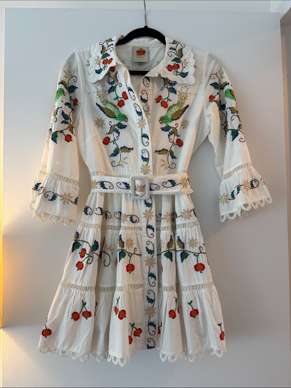 Farm Rio Embroidered White Cotton Tiered Dress with Belt